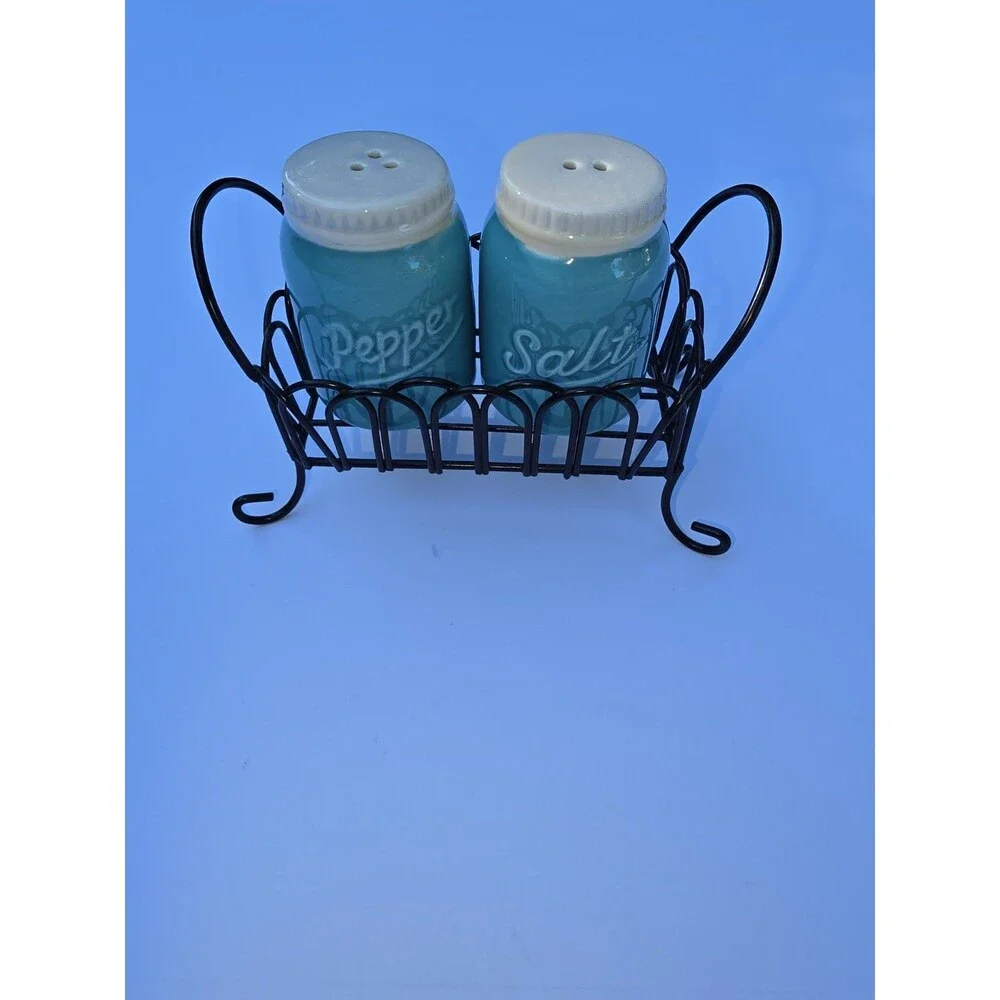Vintage Mini Jar Style Salt & Pepper Shakers with Black Stand